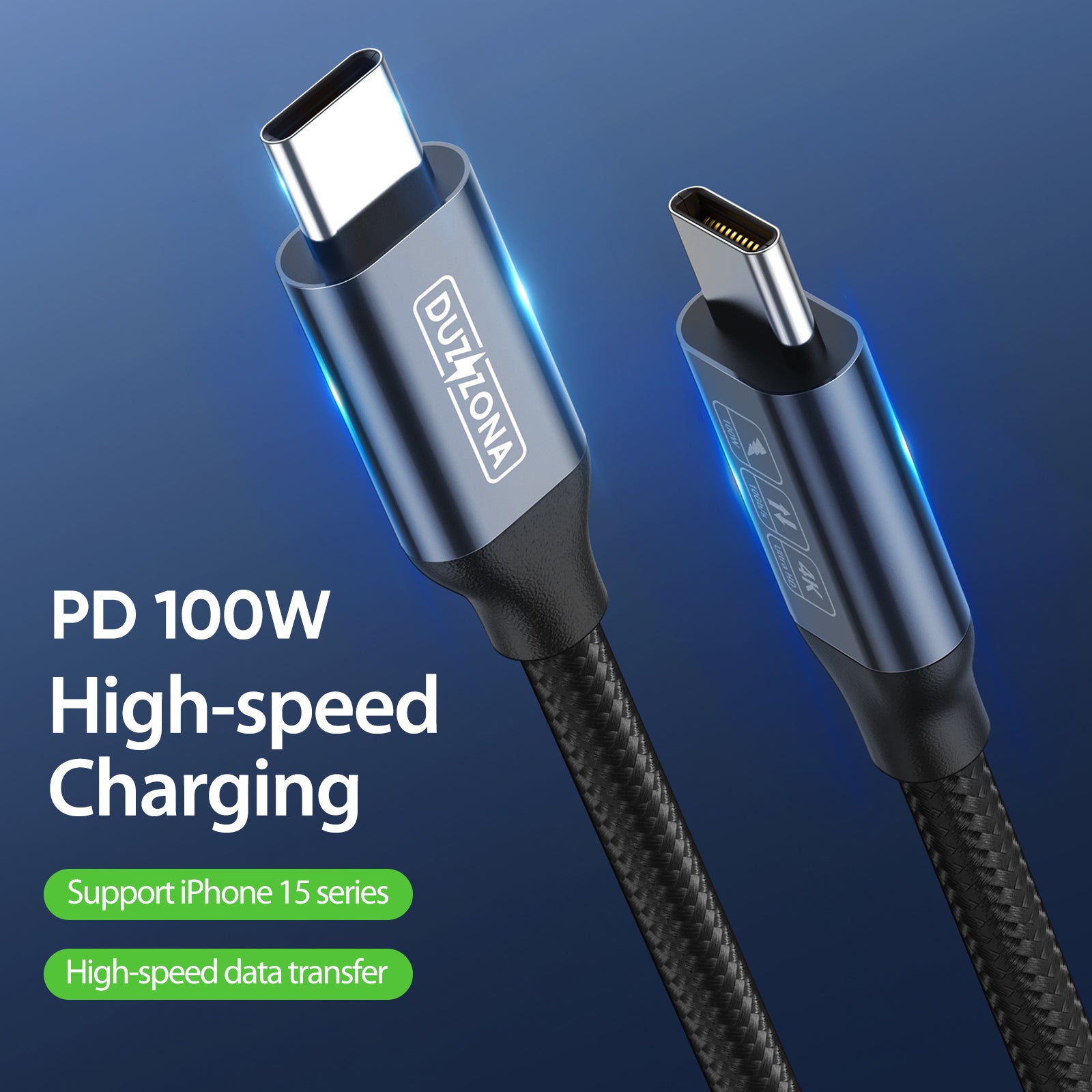 DUZZONA A9 1m PD 100W 10Gbps 4K USB-C to USB-C Cable Fast Charging Data Cord DUZZONA A9 1m PD 100W 10Gbps 4K USB-C to USB-C Cable Fast Charging Data Cord